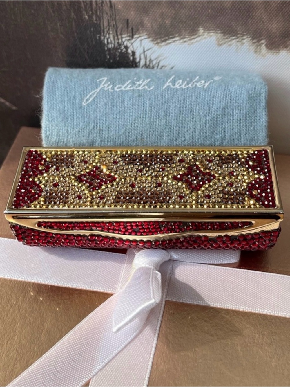 Judith Leiber Red and Gold Crystal Rectangular Minaudière Lipstick Clutch Case